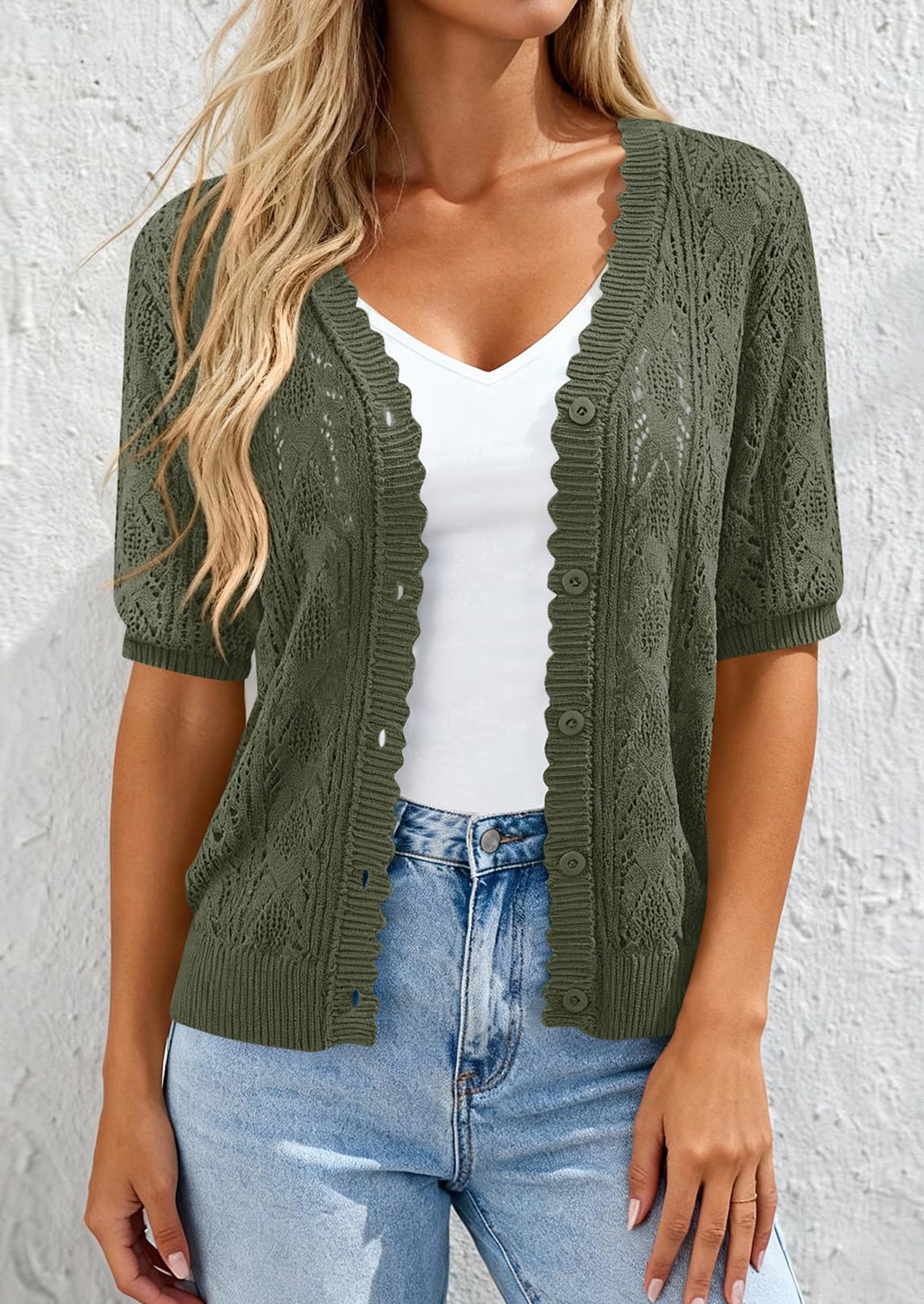 PRETTYGARDEN Short Sleeve Crochet Knit Summer Cardigans for Women Lightweight Button Down Hollow Out Sweater Beach Cover Up PRETTYGARDEN