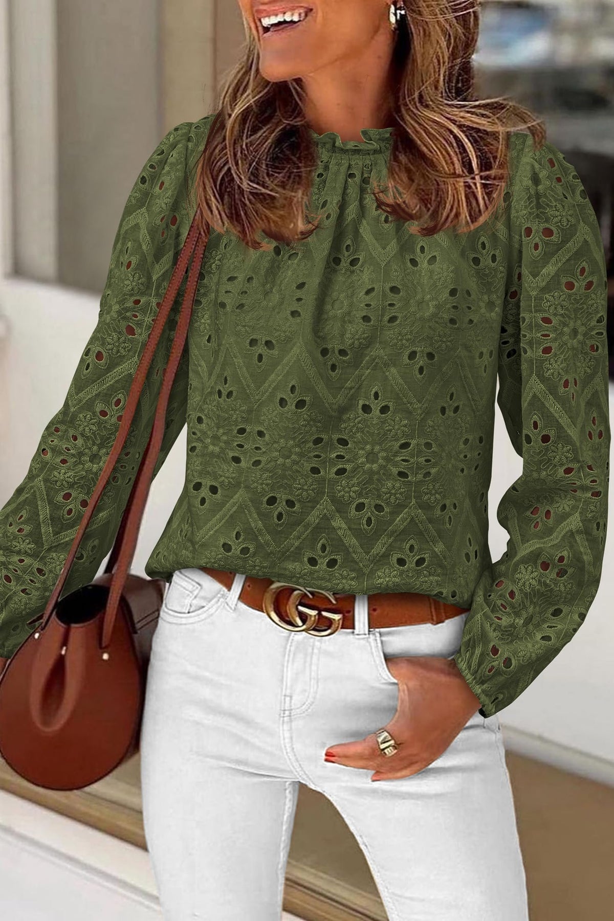 Womens Blouses Dressy Casual Embroidered Long Puff Sleeve Shirts Ruffle Eyelet Lace Top Fall Clothes