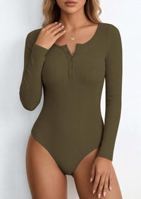 PRETTYGARDEN Long Sleeve Bodysuits for Women Ribbed Knit Henley Button Up Slim Fitted Basic Tops Winter Fashion Clothing PRETTYGARDEN
