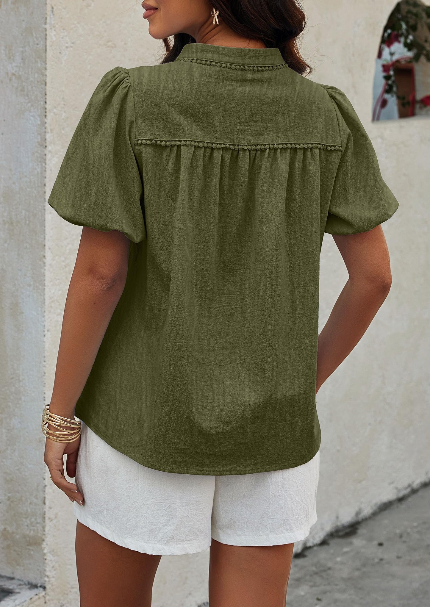 Womens Casual Summer Tops V Neck Short Puff Sleeve Pleated Cotton T Shirts Loose Dressy Blouses