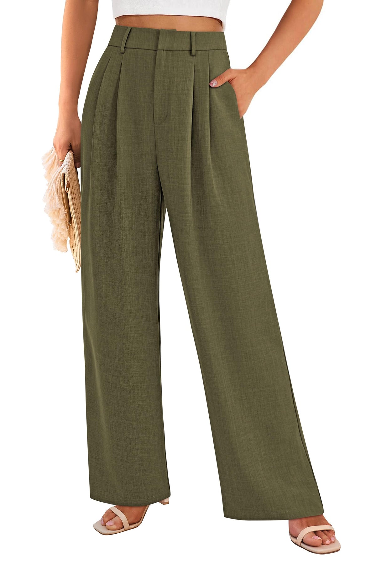 Elastic High Waisted Straight Leg Business Trousers Slacks With Pockets