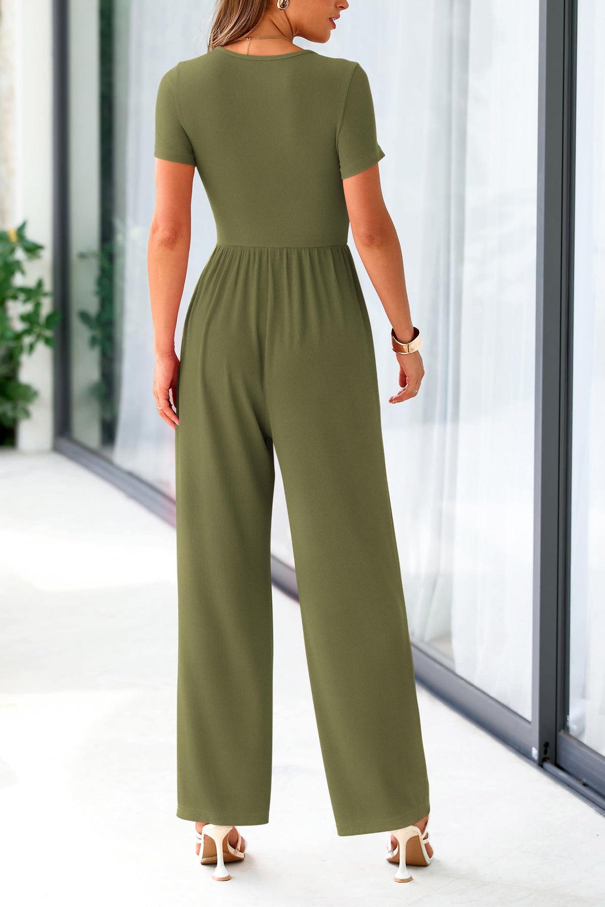 Summer One Piece Jumpsuits Dressy Casual Short Sleeve Square Neck Wide Leg Jumpsuit Rompers