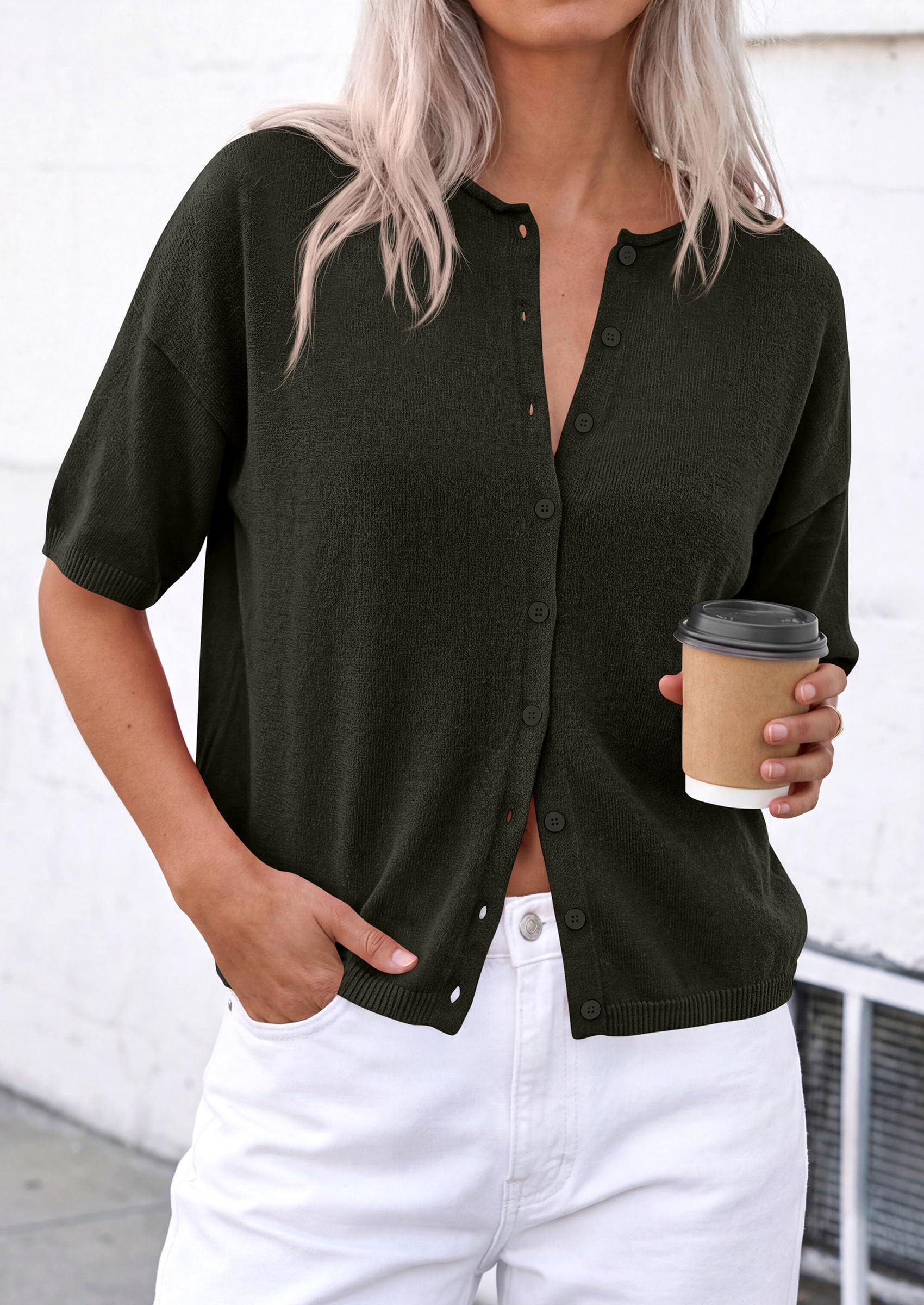 PRETTYGARDEN Women Spring Short Sleeve Cardigan Sweaters Button Down Knit Shirt Blouse Dressy Casual Tops Summer Outfits PRETTYGARDEN