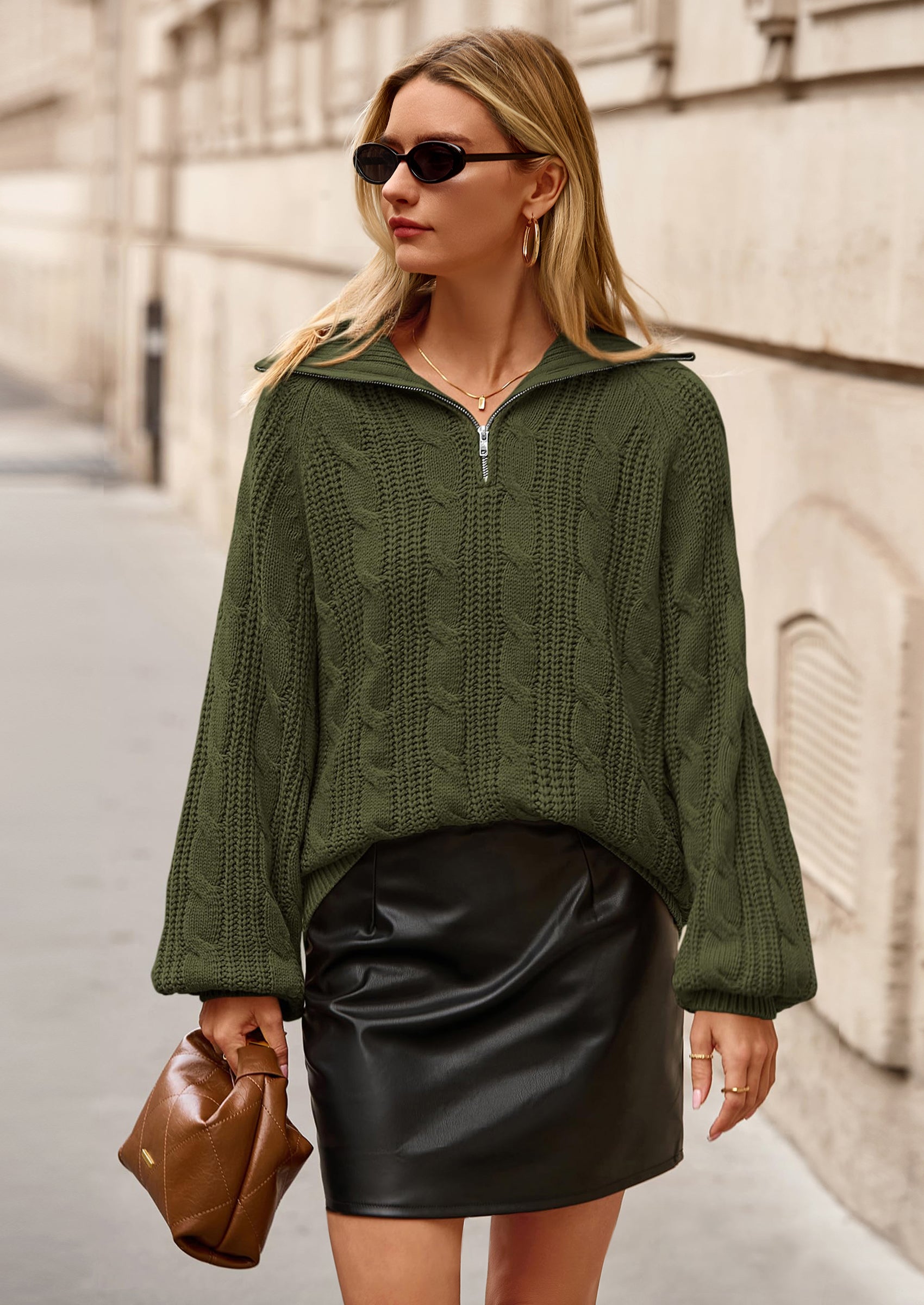 BTFBM Sweaters for Women Fall Fashion Loose Quarter Zip Pullover Collared Long Sleeve Cable Knit Winter Clothes