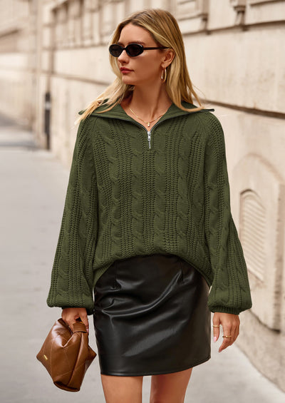 BTFBM Sweaters for Women Fall Fashion Loose Quarter Zip Pullover Collared Long Sleeve Cable Knit Winter Clothes