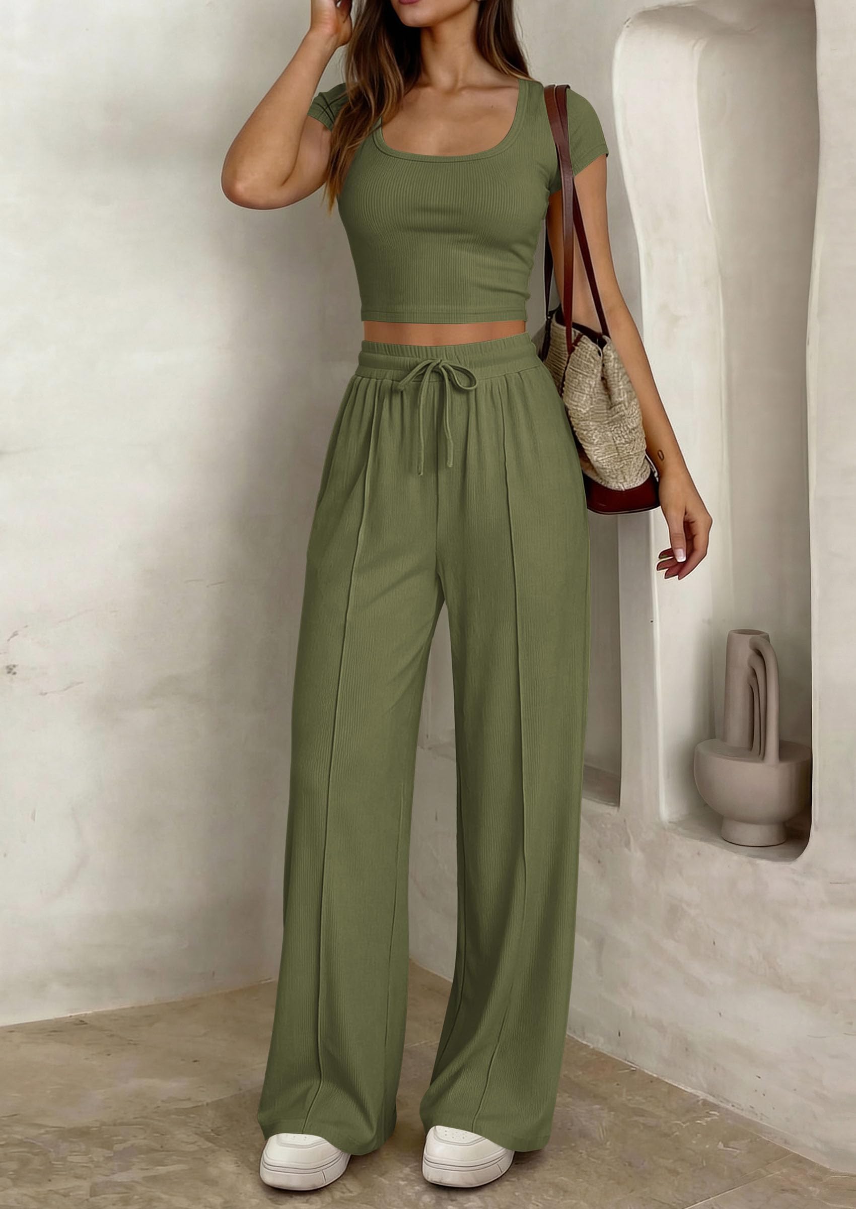 PRETTYGARDEN Women's 2 Piece Matching Lounge Sets Ribbed Short Sleeve Crop Tops Wide Leg Pants Summer Airport Outfits PRETTYGARDEN