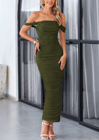 Womens Summer Off The Shoulder Dress Ruched Bodycon Sleeveless Split Cocktail Party Maxi Dresses