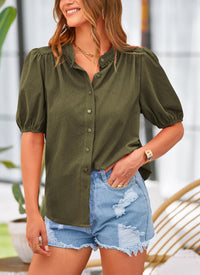 Summer Button Down Short Lantern Sleeve V Neck Cotton Blouses