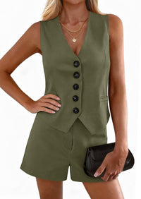 PRETTYGARDEN 2 Piece Sets for Women Spring Fashion Button Vest Tops High Waist Shorts Summer Business Casual Outfits PRETTYGARDEN