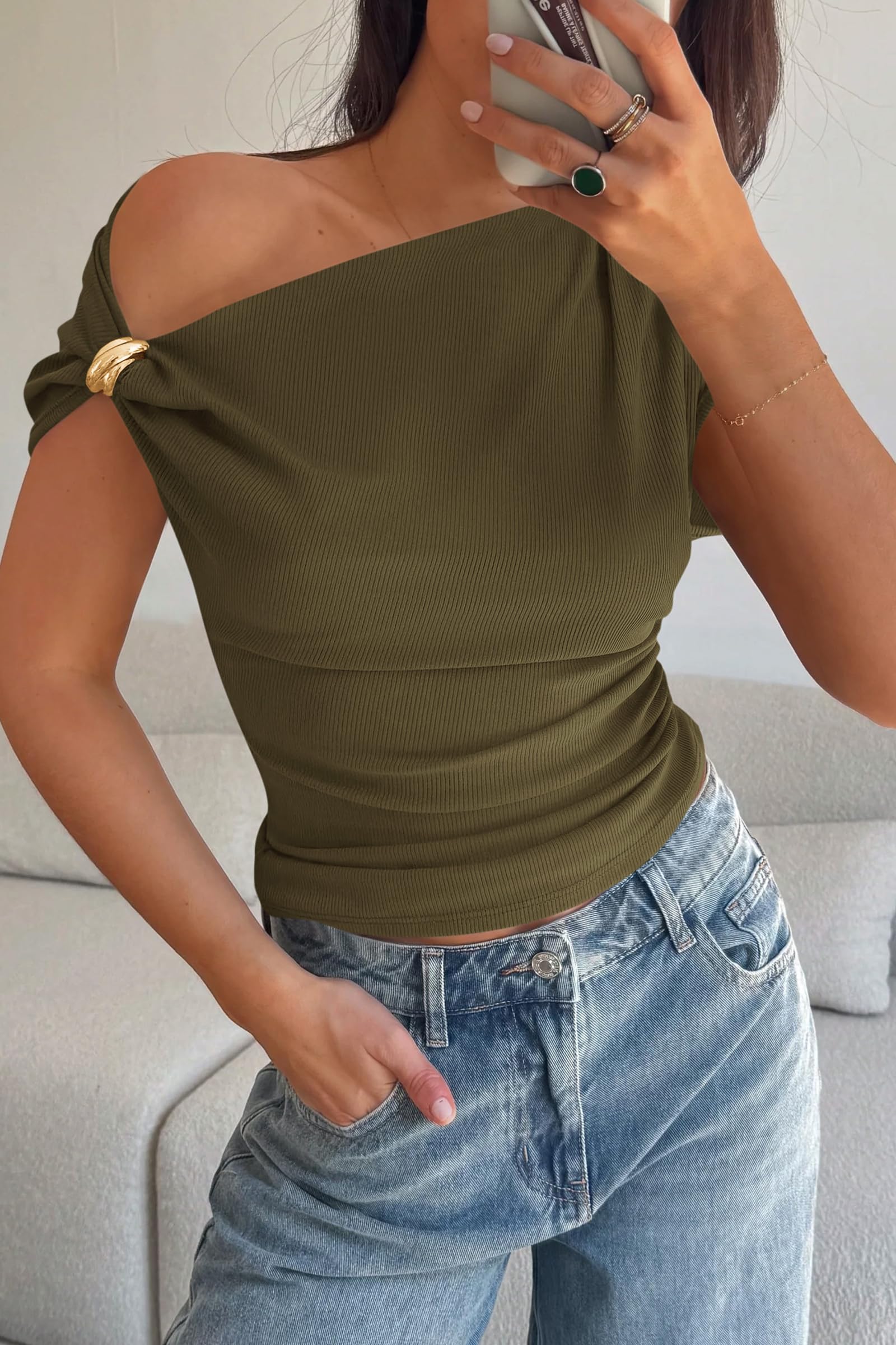 PRETTYGARDEN Womens Summer Off The Shoulder Crop Tops Ribbed Going Out Fitting T Shirts Trendy Spring Y2k Clothes PRETTYGARDEN