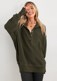 PRETTYGARDEN Womens Fashion Oversized Long Sleeve Hoodie Button Down V Neck Sweatshirt Side Slit Casual Pullover Tops