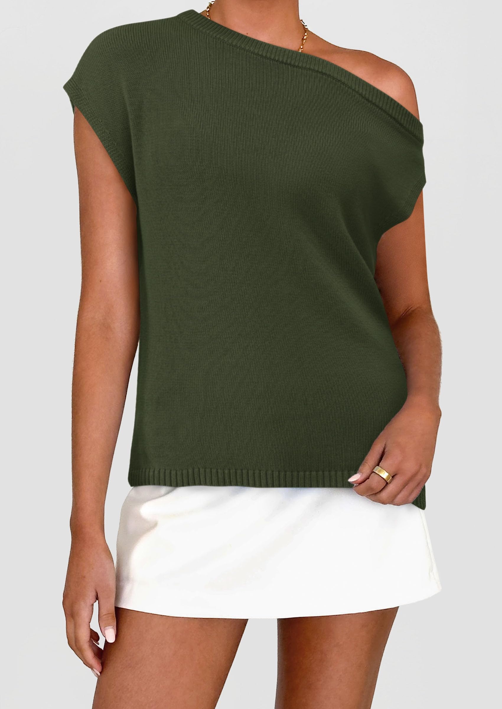 PRETTYGARDEN Womens Off The Shoulder Tops Summer Casual Short Sleeve Tunic T Shirts Lightweight Knit Sweaters