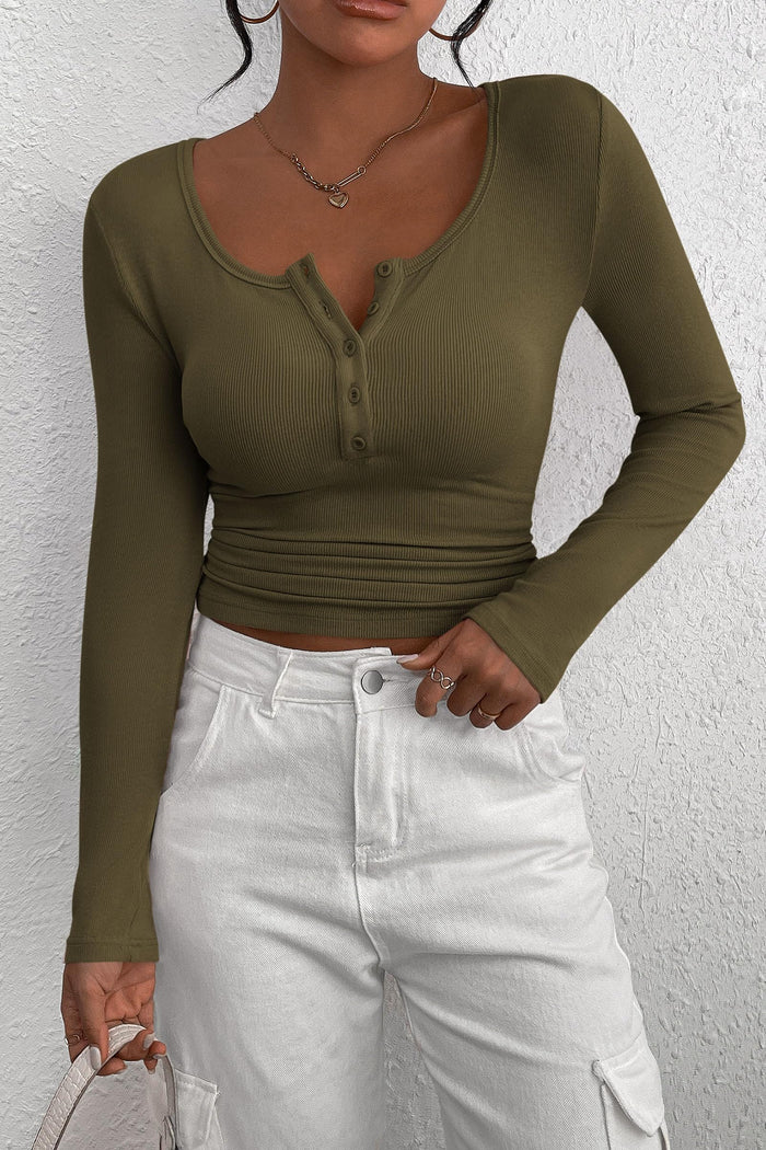 Long Sleeve Henley T Shirts Button Down Ribbed Knit Slim Fit Casual Basic Tops Blouse