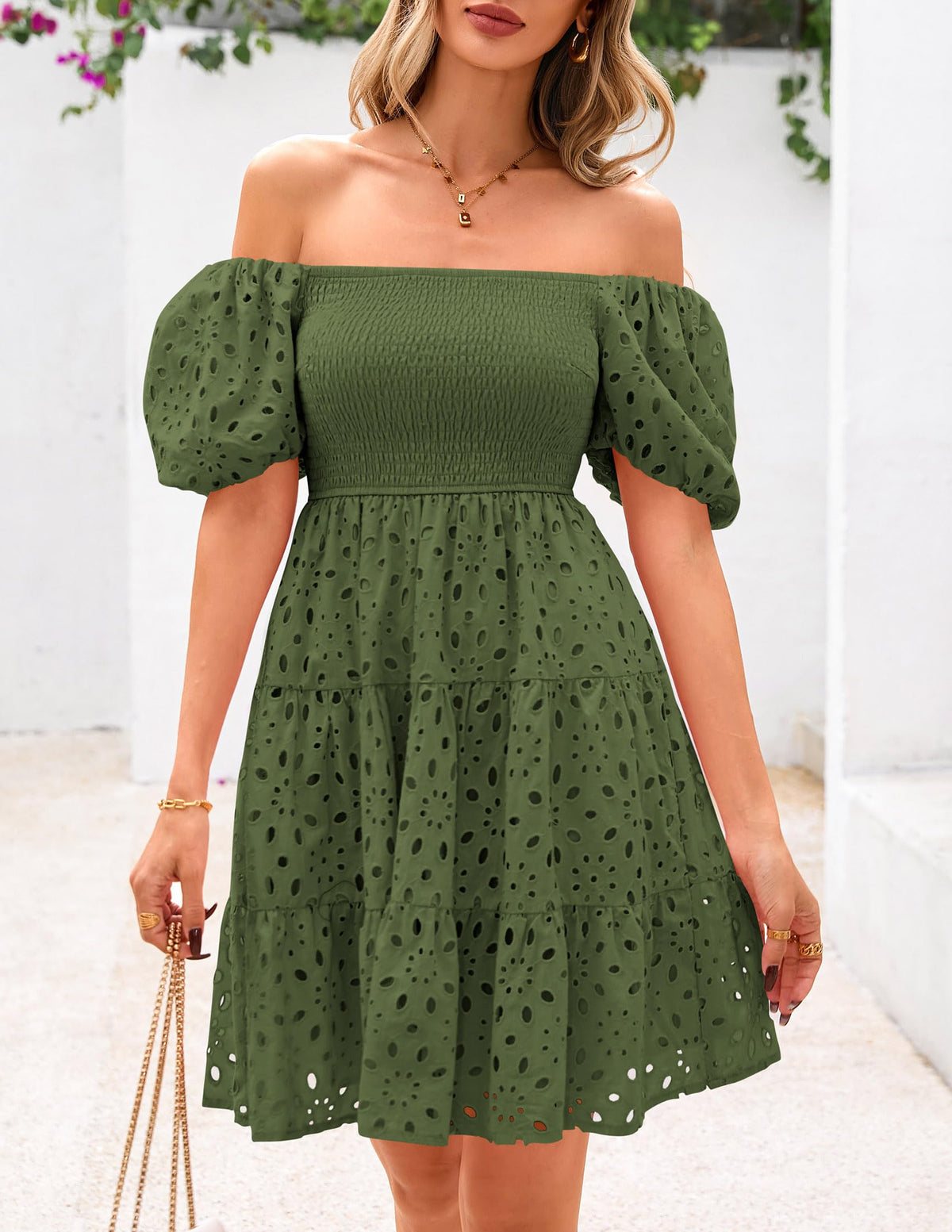 Womens Summer Puff Sleeve Mini Dress Off Shoulder Eyelet Smocked A Line Casual Babydoll Short Dresses