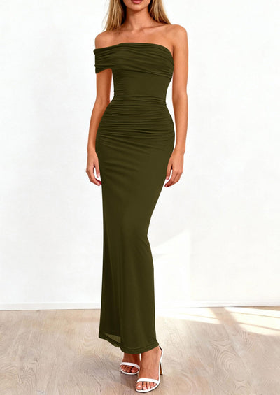 PRETTYGARDEN Women's Wedding Guest Cocktail Dresses One Off The Shoulder Ruched Bodycon Formal Maxi Party Summer Outfits PRETTYGARDEN