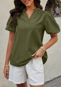 Womens Casual Summer V Neck Short Puff Sleeve Pleated Cotton Loose Dressy Blouses