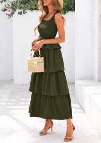 Womens Summer Sleeveless Midi Dress Scoop Neck Tank Top Smocked A Line Tiered Layered Beach Flowy Long Dresses