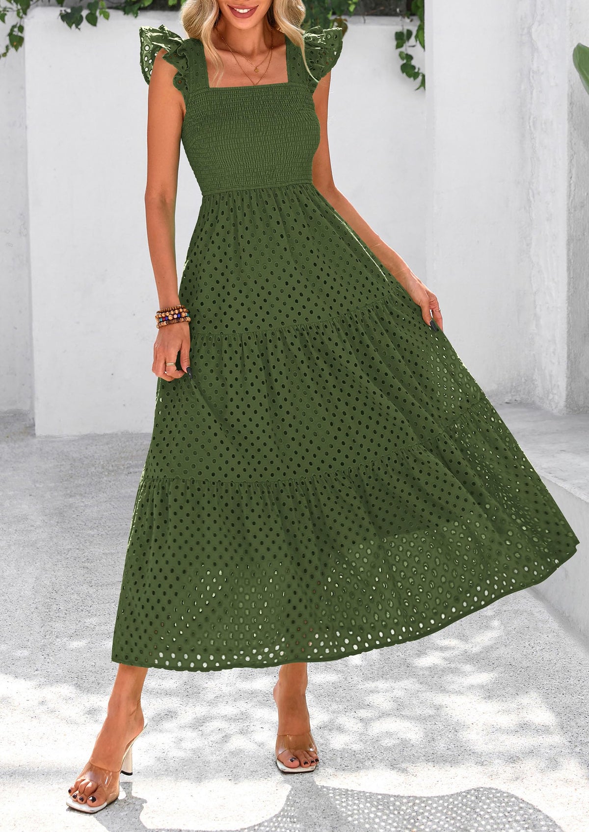 Womens Summer Square Neck Maxi Dresses Cap Sleeve Eyelet Smocked Tiered A Line Flowy Long Dress with Pockets