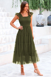 Summer Casual Sleeveless Smocked Ruffle Tulle Flowy Beach Sundress