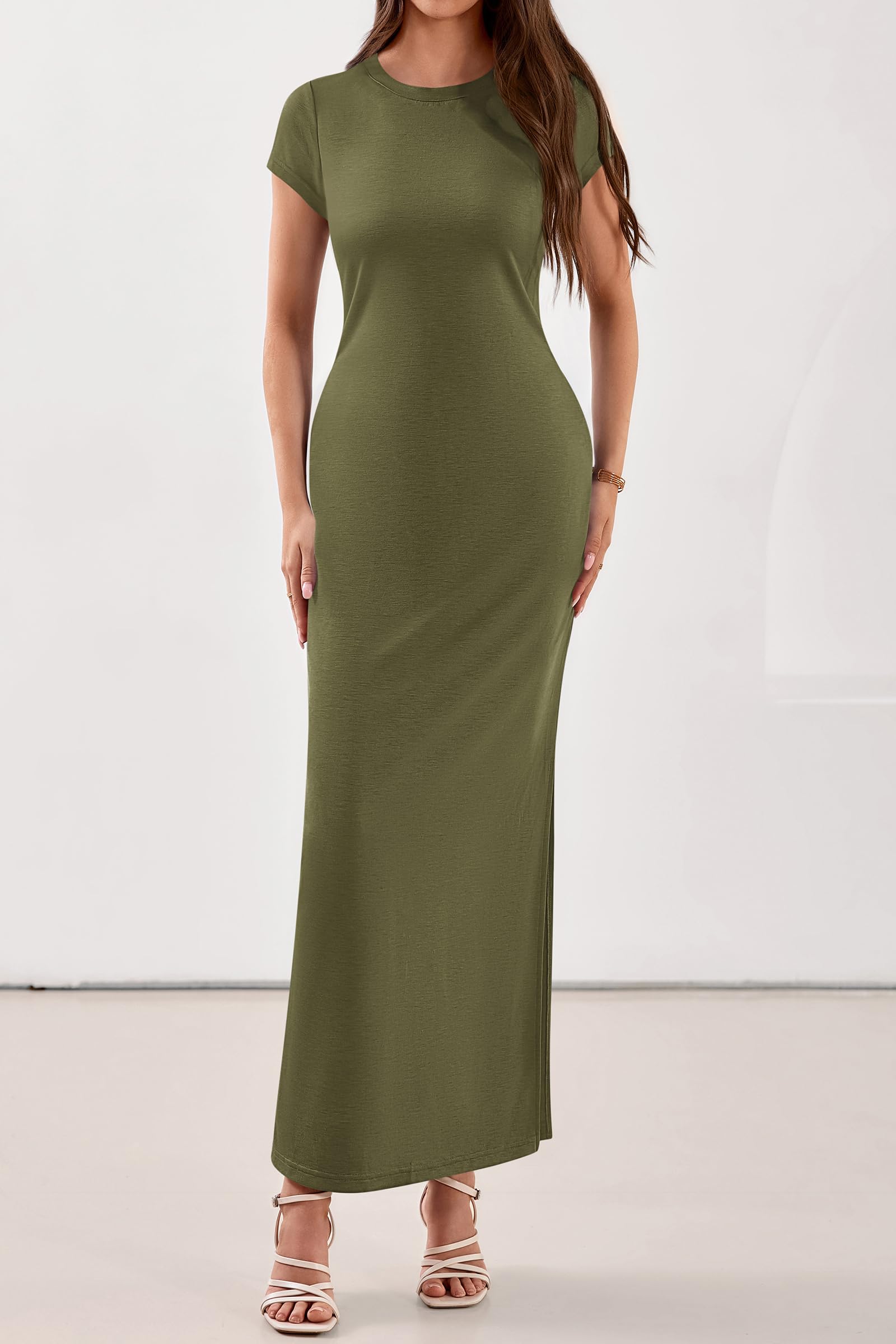 PRETTYGARDEN Womens Summer Maxi Dresses Casual Short Sleeve Crewneck Knit Slit T Shirt Dress Spring Long Beach Sundress PRETTYGARDEN