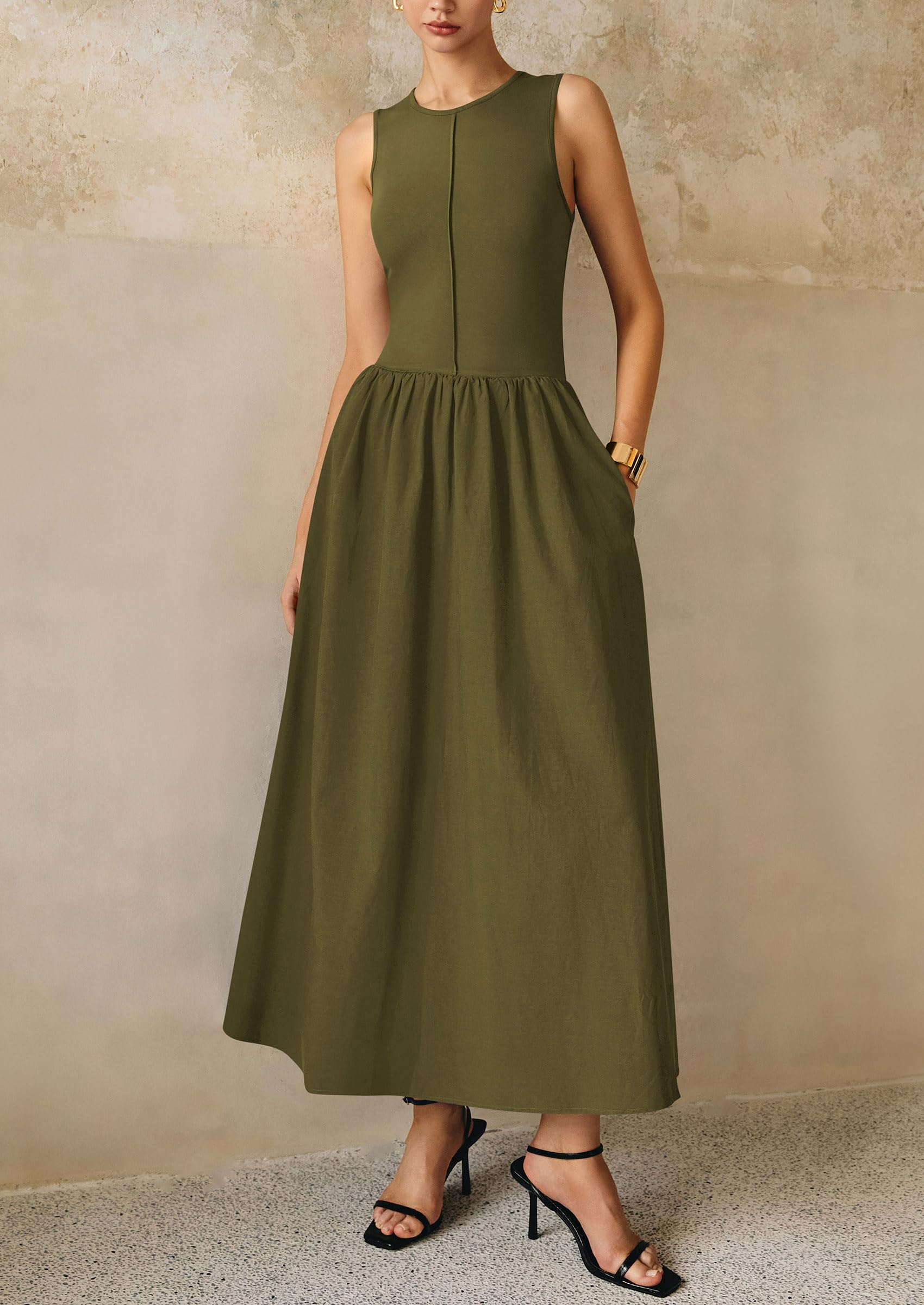 PRETTYGARDEN Women Maxi Dresses Casual Sleeveless Patchwork Knit Tank Dress Flowy Beach Sundress Long Dress