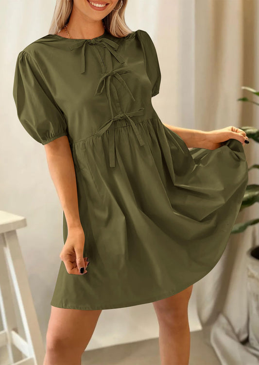 Womens Summer Casual Short Sleeve Dresses A Line Bow Tie Front Babydoll Loose Cute Mini Dress with Pockets