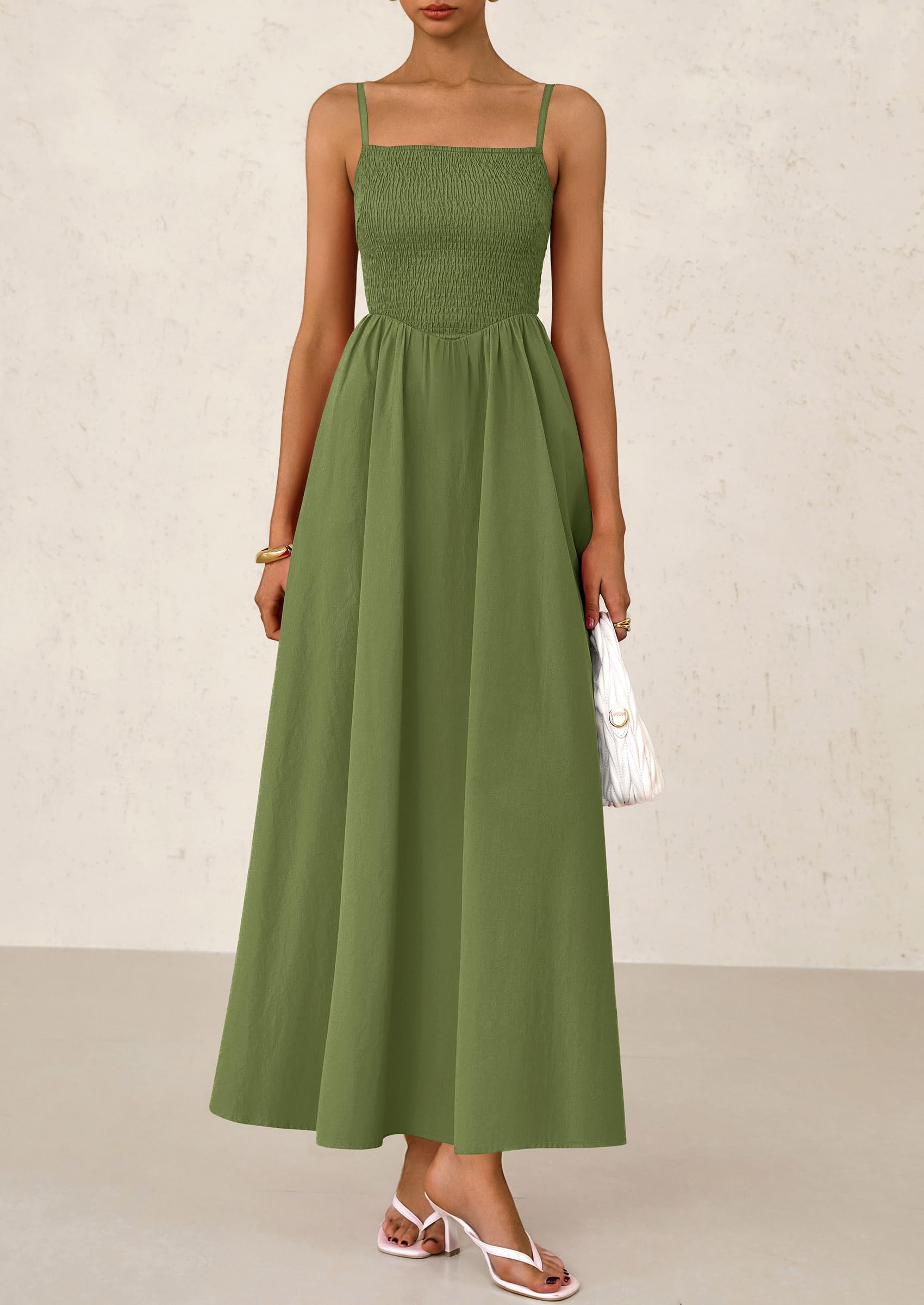 PRETTYGARDEN Women's Smocked Maxi Dresses Beach Sundress Casual Spaghetti Strap Swing A Line Long Flowy Dress