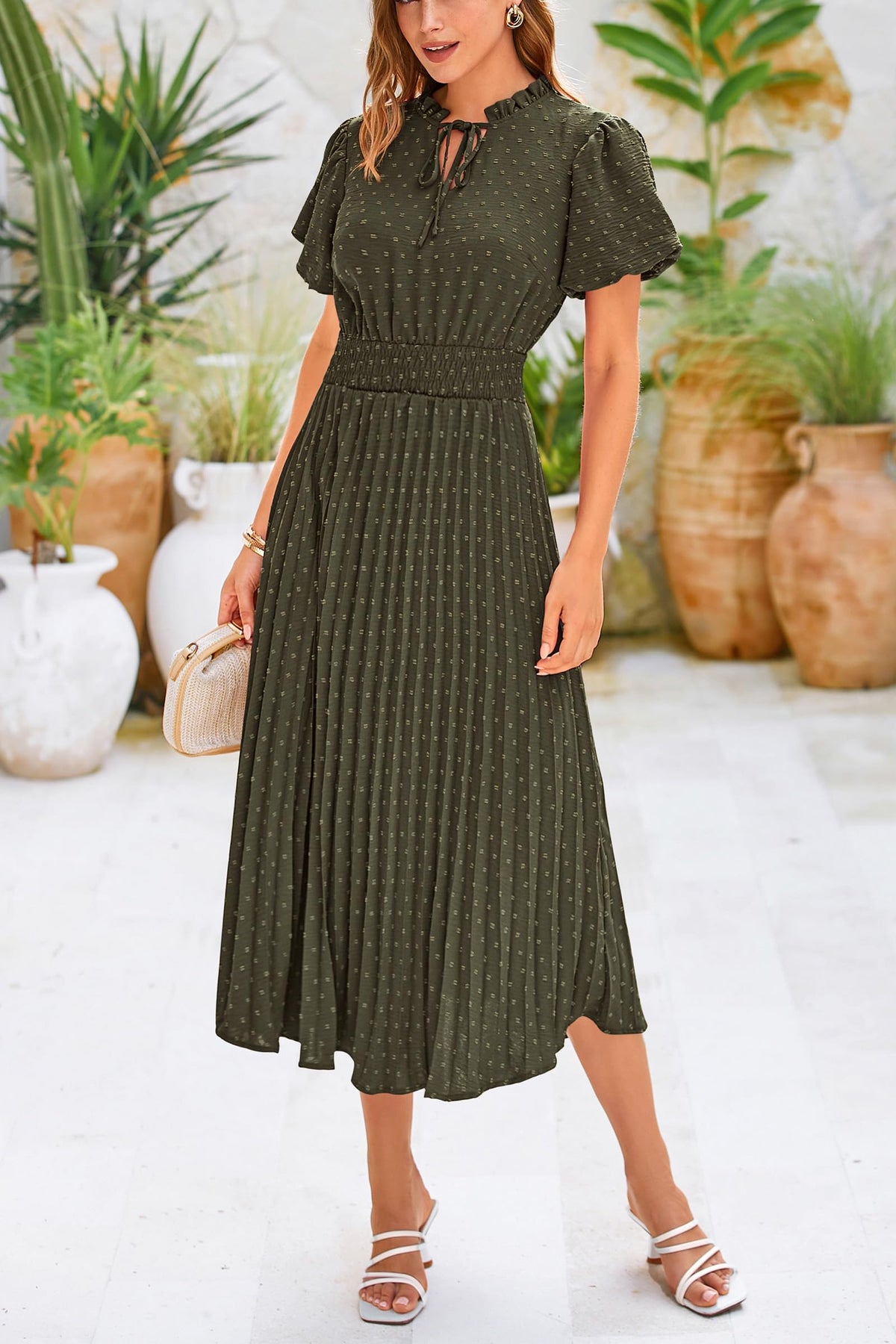 Swiss Dot Pleated A Line Casual Flowy Party Midi Dress