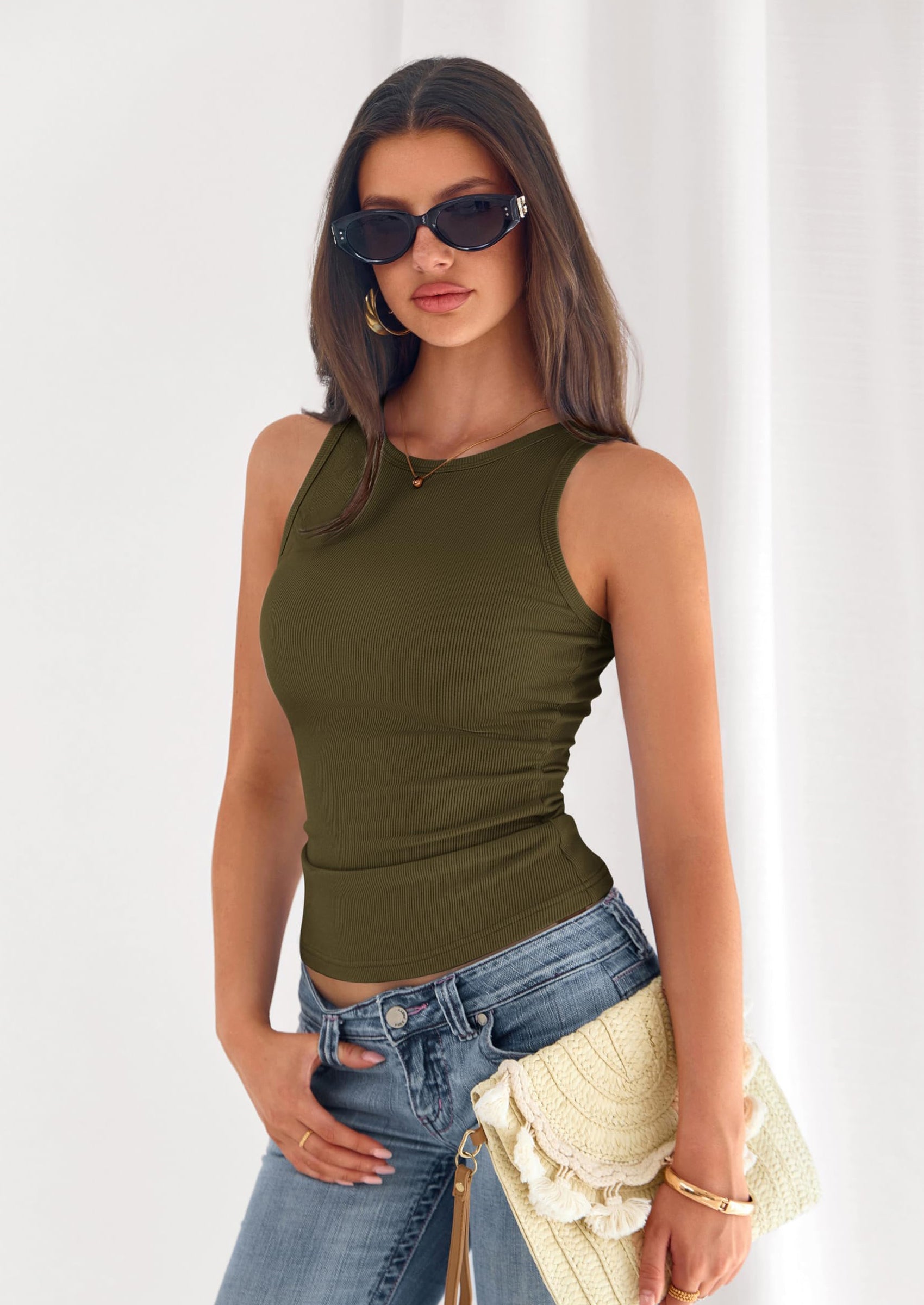 PRETTYGARDEN Womens Summer High Neck Ribbed Tank Tops Casual Basic Sleeveless Slim Fitted Racerback Workout T Shirts PRETTYGARDEN