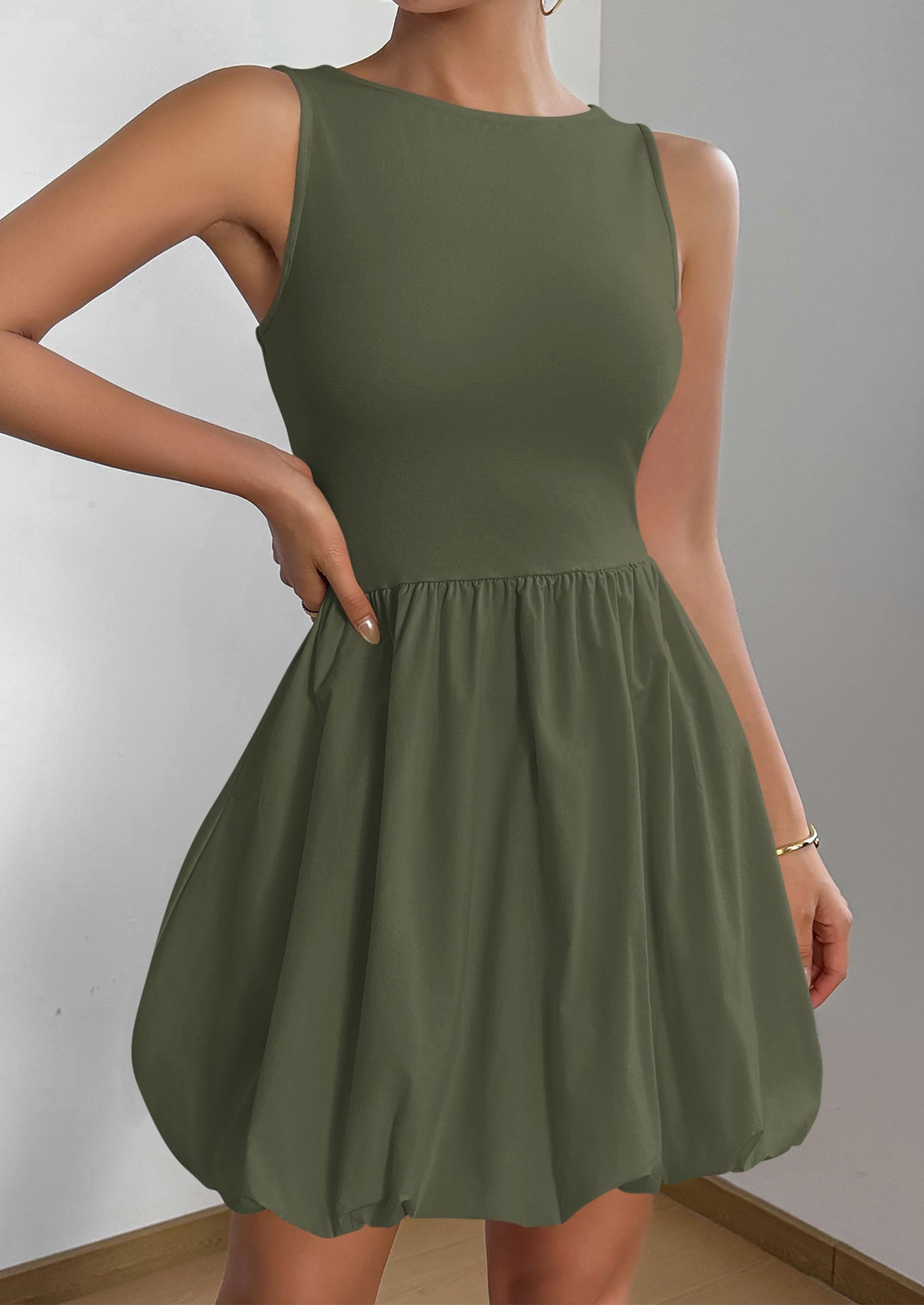 PRETTYGARDEN Summer Dresses for Women Casual Sleeveless Tank Mini Short Dress Crew Neck Bubble Sundress with Pockets