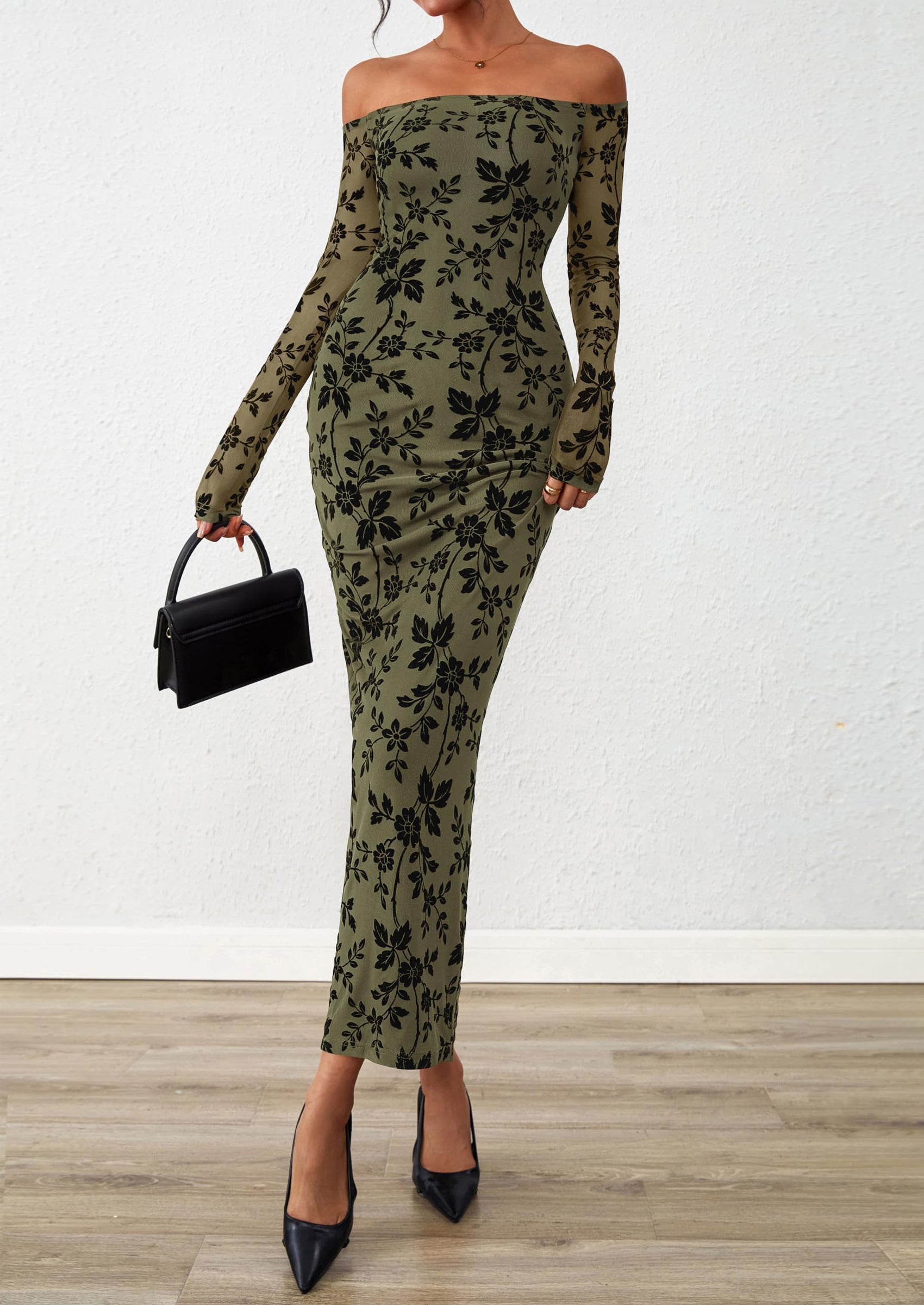 PRETTYGARDEN Womens Off The Shoulder Floral Maxi Bodycon Dress Fall Long Sleeve Mesh Fitted Long Formal Wedding Guest Dresses PRETTYGARDEN