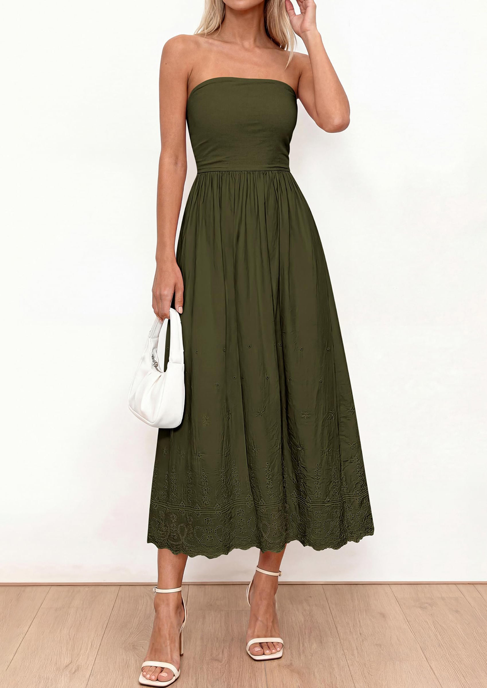 PRETTYGARDEN Womens Summer Dresses Sexy Sleeveless Tube Top Long Dress Eyelet Cotton Maxi Beach Sundress Pockets