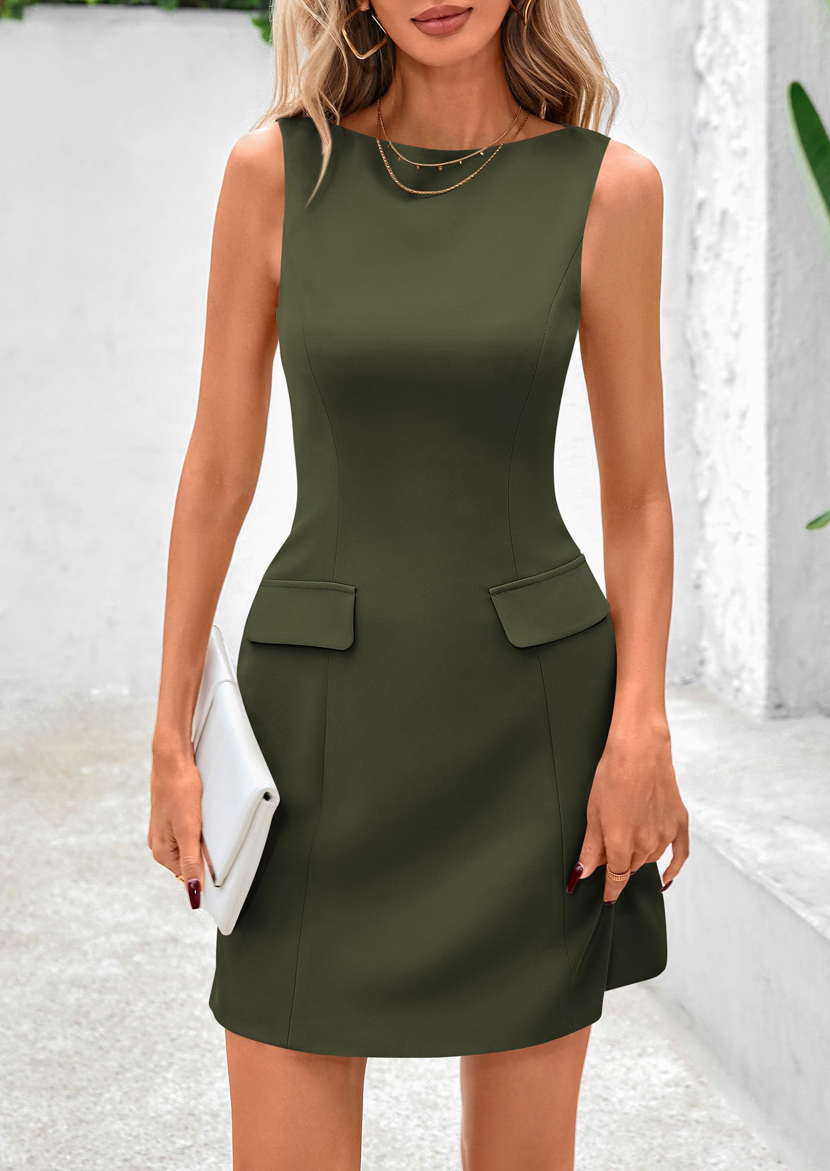 PRETTYGARDEN Womens Formal Sleeveless Summer Dresses Boat Neck Bodycon Elegant A Line Business Work Mini Dresss