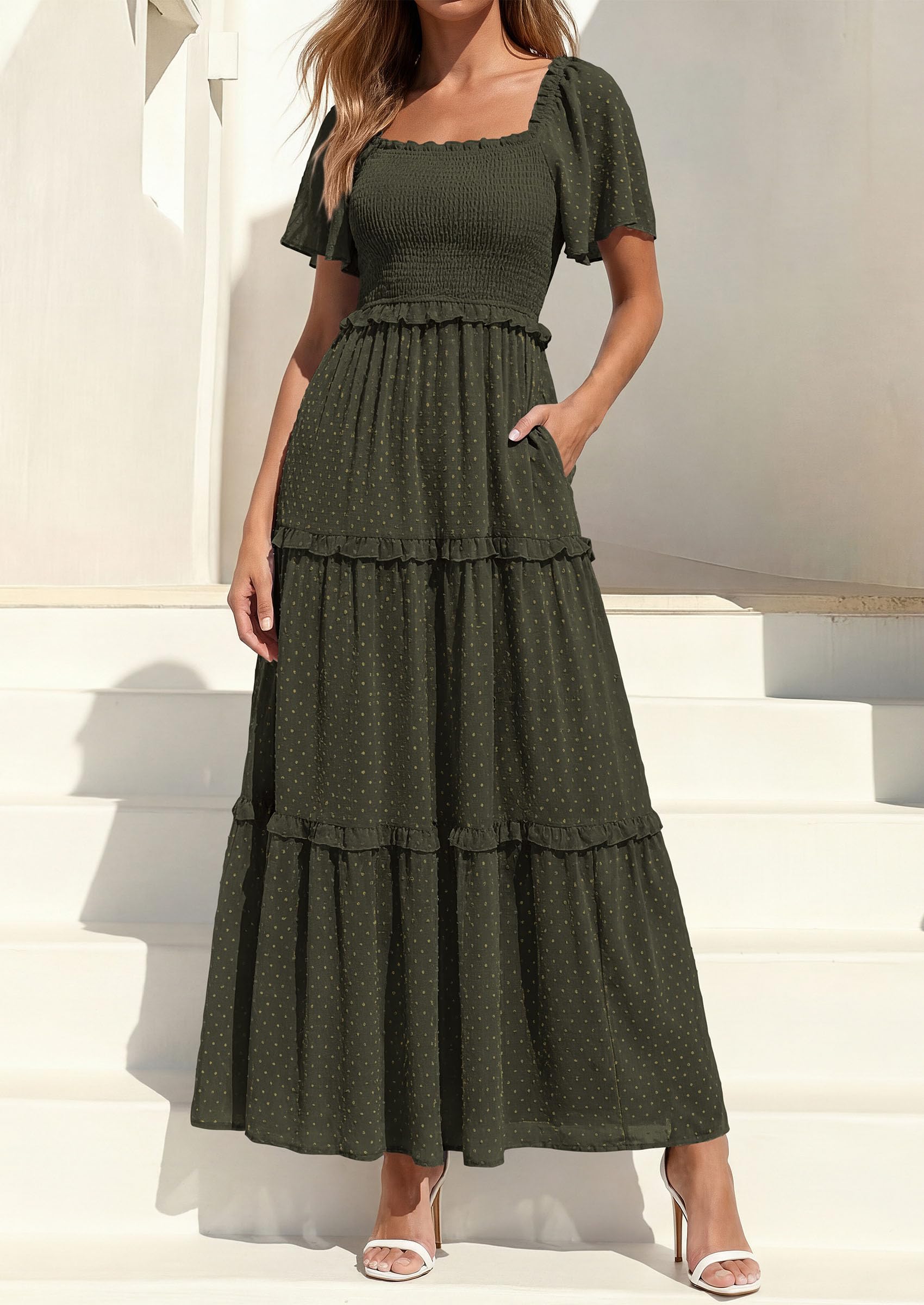 PRETTYGARDEN Summer Dresses for Women Boho Swiss Dot Smocked Square Neck Short Sleeve Spring Wedding Guest Maxi Dress PRETTYGARDEN