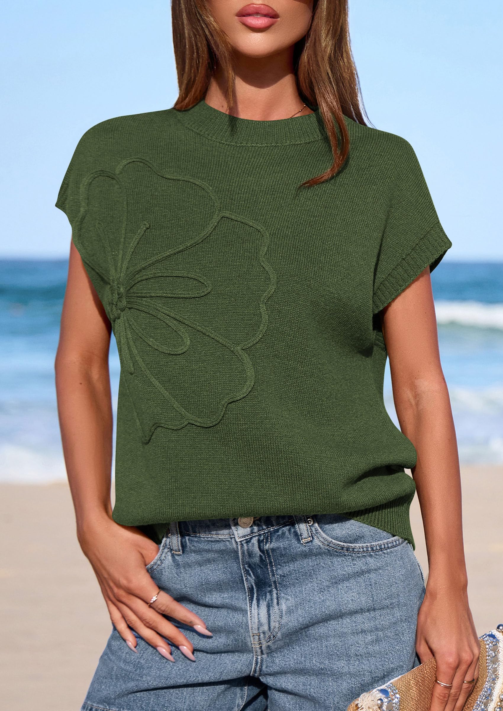 PRETTYGARDEN Women's Spring Sweater Vest Trendy Flower Knit Short Sleeve Cute Pullover Tank Tops Summer Fashion Clothing PRETTYGARDEN