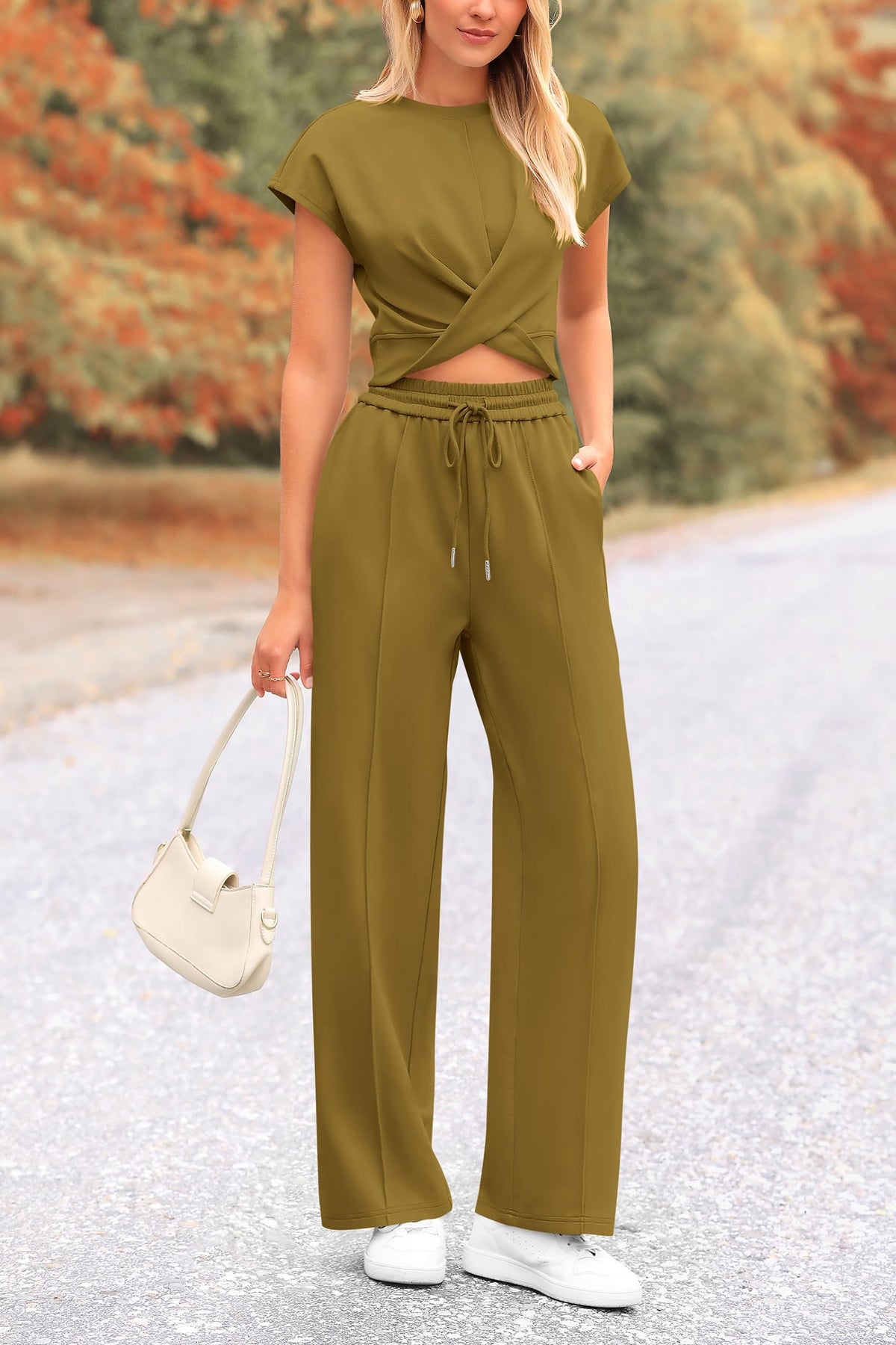 Summer Two Piece Outfits Tracksuit Twist Front Crop Tops T Shirts Wide Leg Pants Matching Lounge Sets