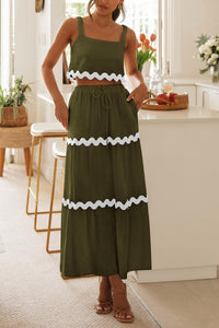 2 Piece Summer Casual Sleeveless Cropped Tank Top High Waisted Maxi Skirt Set