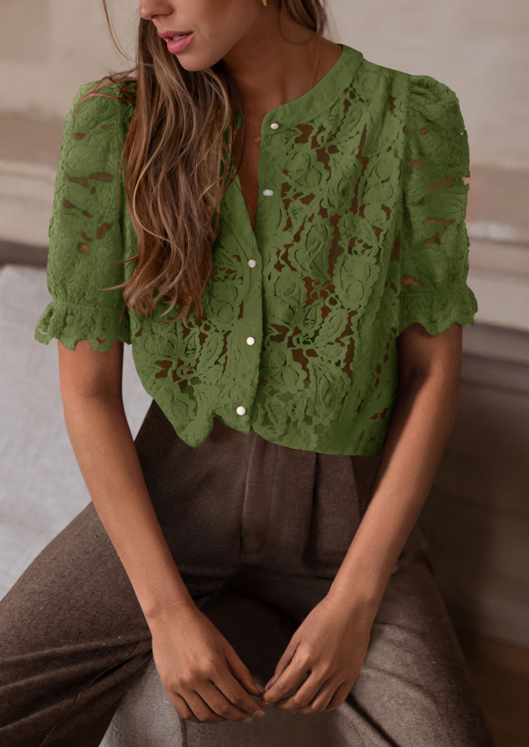 PRETTYGARDEN Womens Spring Lace Tops Short Puff Sleeve Casual Dressy Blouses Eyelet Crew Neck Button Down Shirts