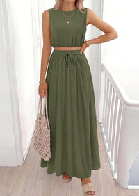 PRETTYGARDEN 2 Piece Sets for Women Summer Outfits Fashion Cotton Sleeveless Crop Top Long Maxi Skirt Set with Pockets