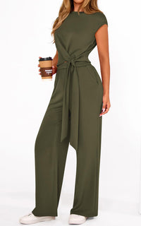 PRETTYGARDEN 2 Piece Matching Lounge Sets For Women Summer Short Sleeve Tie Front Crop Tops Casual Wide Leg Pants Tracksuit PRETTYGARDEN