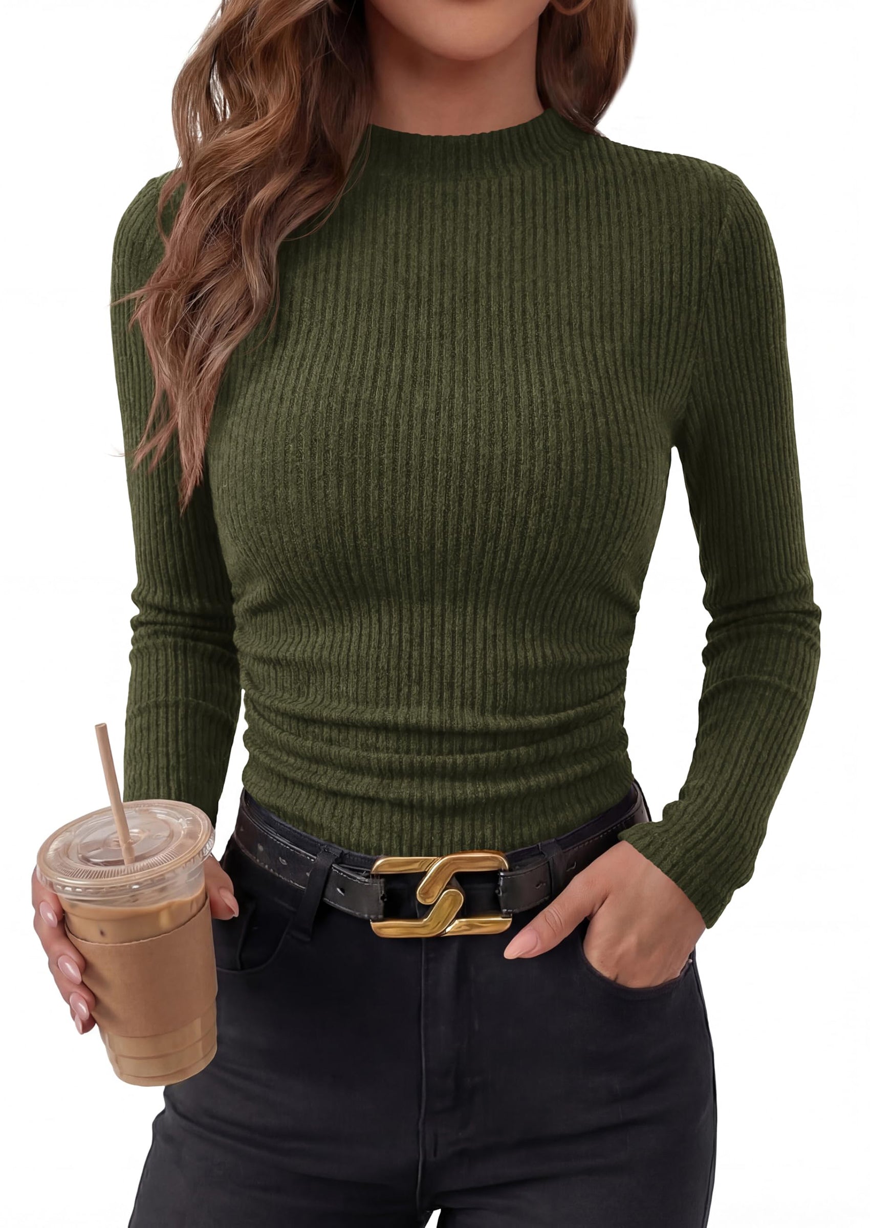 PRETTYGARDEN Womens Tops Fall Long Sleeve Going Out Shirts Ribbed Knit Mock Neck T-Shirt Fitted Ruched Y2K Crop Top