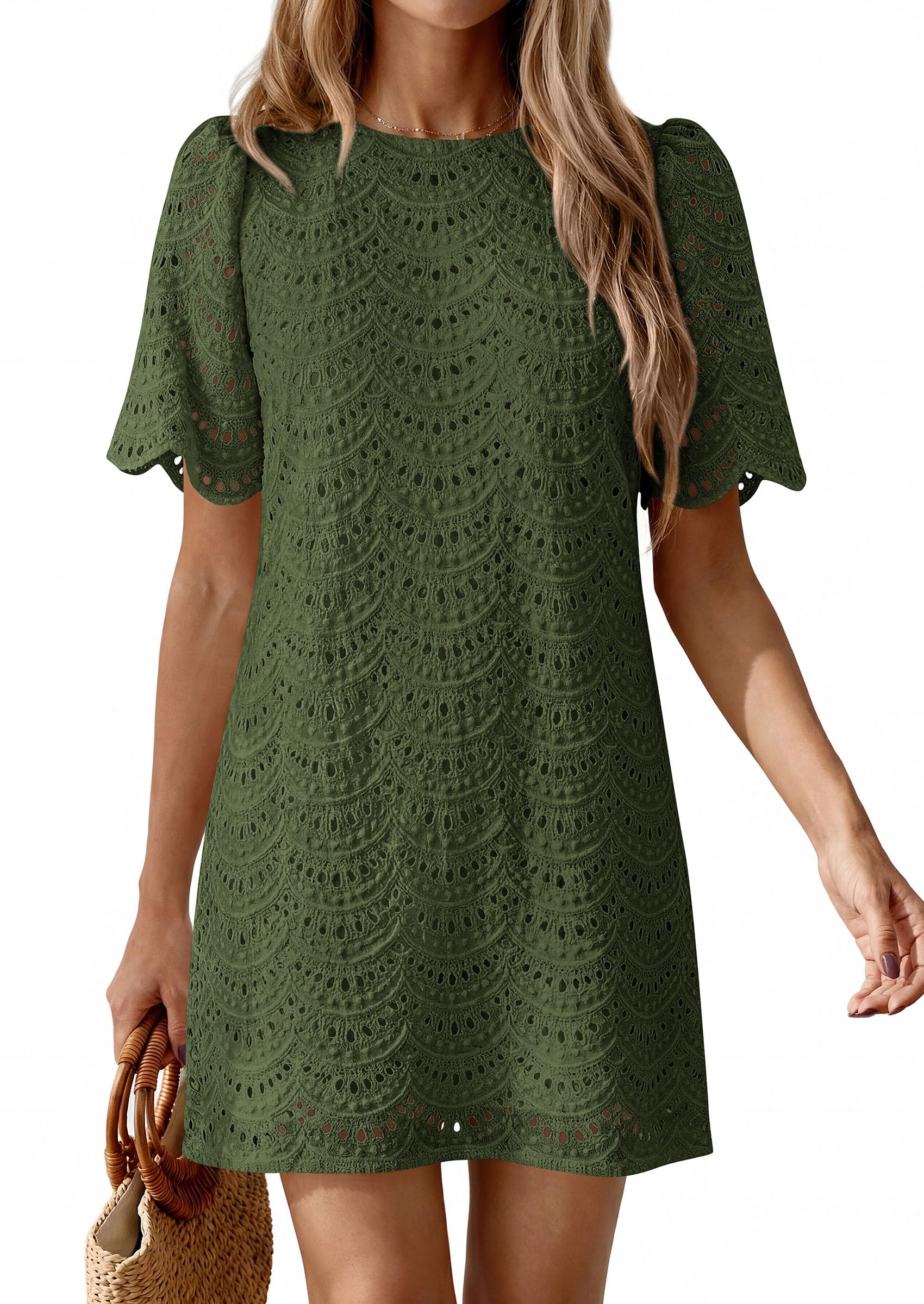 PRETTYGARDEN Women's Summer Casual Short Dresses Embroidered Lace Short Sleeve Boho Mini Dress Beach Vacation Clothes PRETTYGARDEN