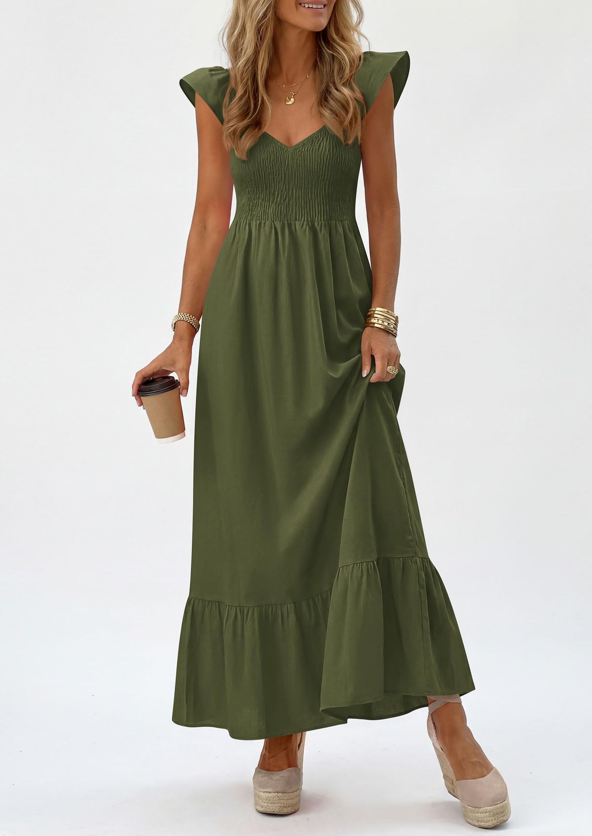 PRETTYGARDEN Women's Summer Casual Maxi Dresses Cap Sleeve V Neck Smocked Long Pockets Party Sundress Vacation Outfits PRETTYGARDEN