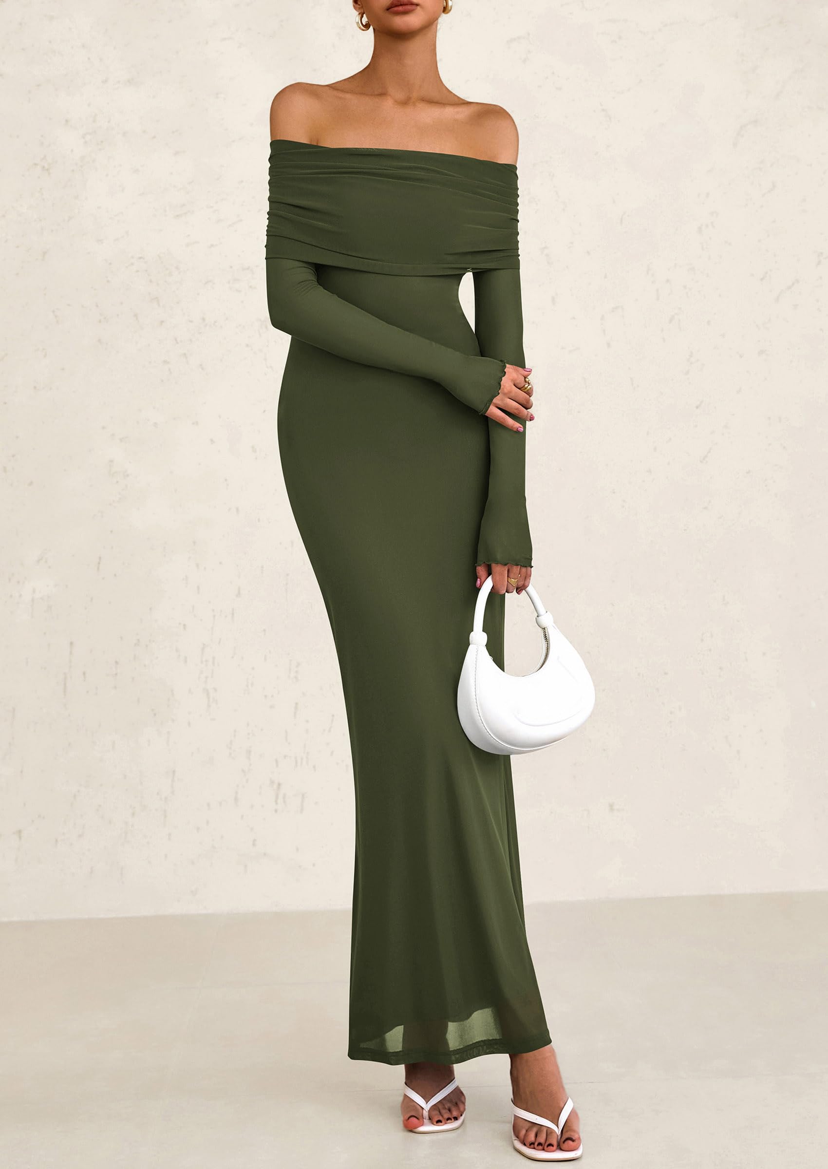 PRETTYGARDEN Off The Shoulder Dresses for Women Mesh Long Sleeve Baby Shower Formal Wedding Guest Dress