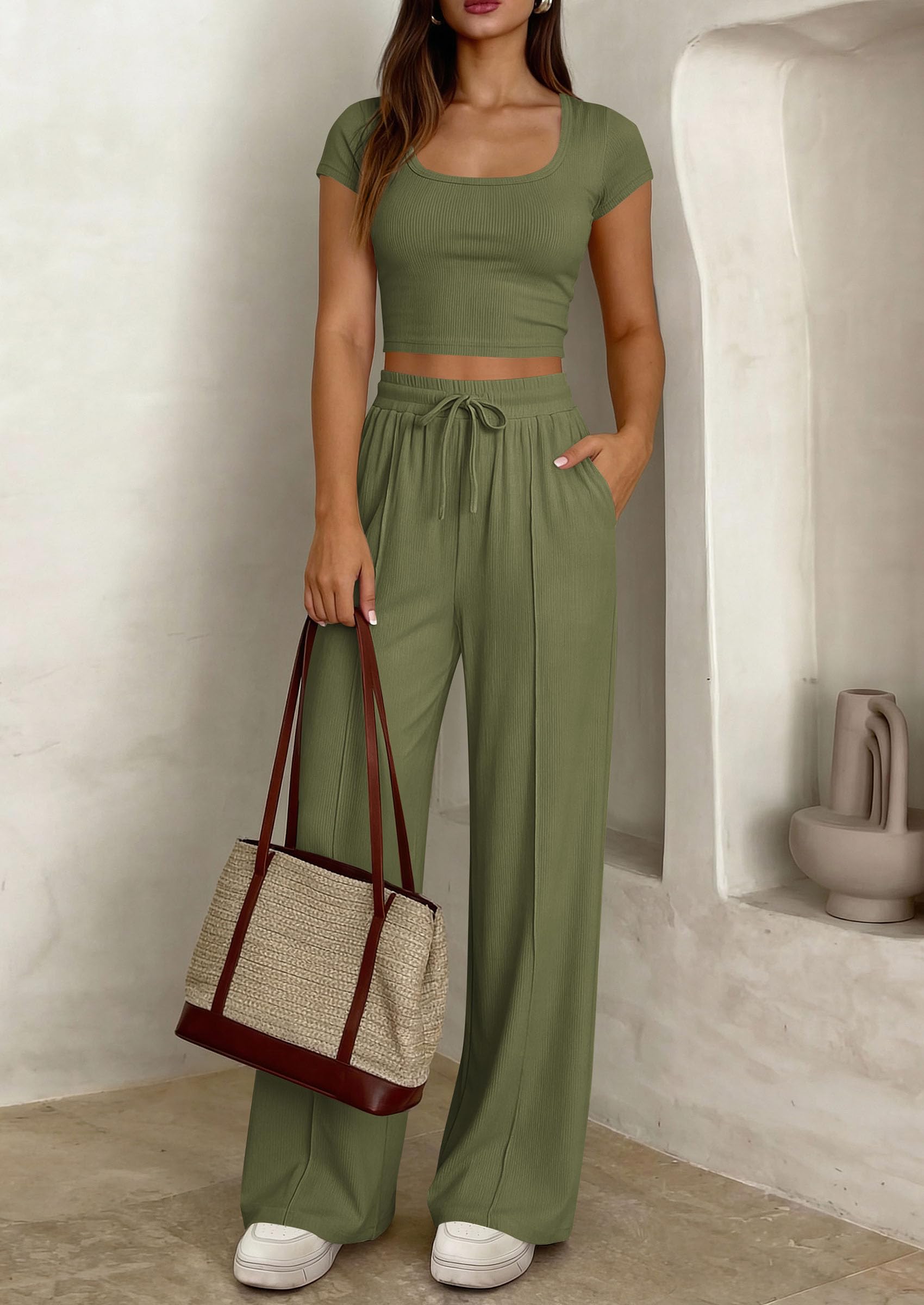 PRETTYGARDEN Women's 2 Piece Matching Lounge Sets Ribbed Short Sleeve Crop Tops Wide Leg Pants Summer Airport Outfits PRETTYGARDEN