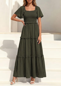 PRETTYGARDEN Summer Dresses for Women Boho Swiss Dot Smocked Square Neck Short Sleeve Spring Wedding Guest Maxi Dress PRETTYGARDEN