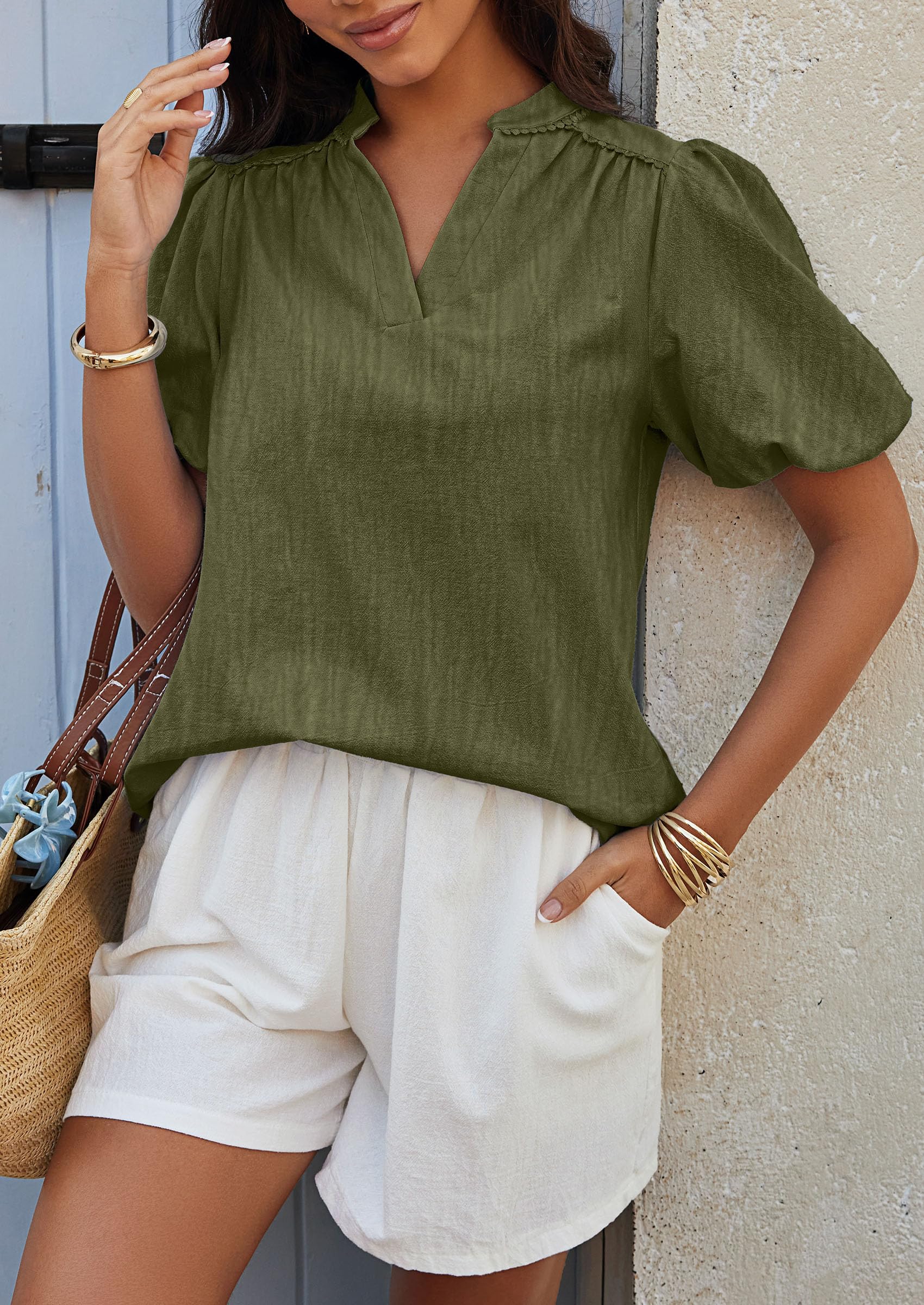 PRETTYGARDEN Womens Casual Summer Tops V Neck Short Puff Sleeve Pleated Cotton T Shirts Loose Dressy Blouses