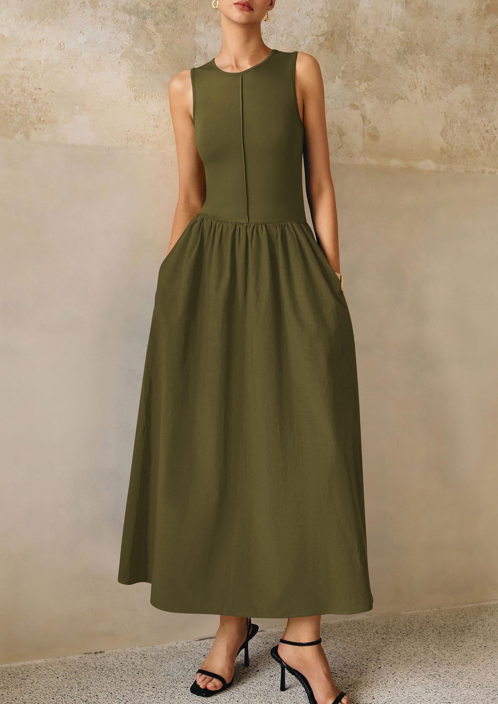 PRETTYGARDEN Women Maxi Dresses Casual Sleeveless Patchwork Knit Tank Dress Flowy Beach Sundress Long Dress