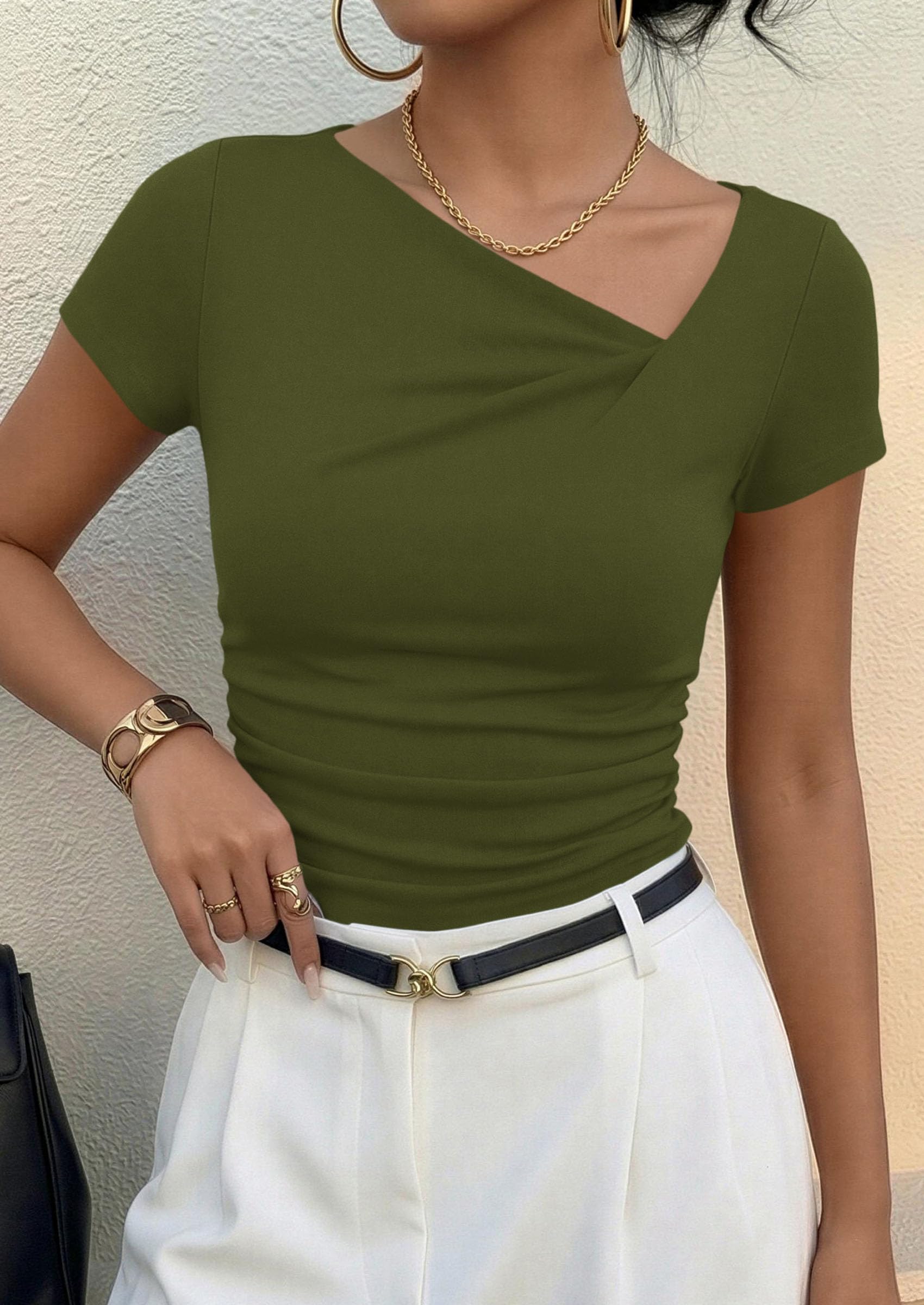 PRETTYGARDEN Women's Summer Asymmetrical Y2K Tops Trendy Ribbed Short Sleeve Fitted Tee Shirts Spring Fashion Clothing PRETTYGARDEN