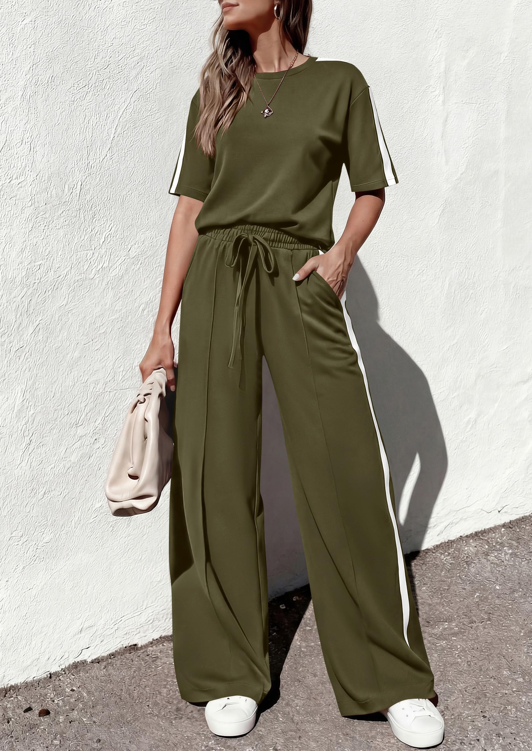 PRETTYGARDEN Women's 2 Piece Sets Summer Casual Short Sleeve Tops Wide Leg Pants Matching Lounge Set Vacation Travel Outfits PRETTYGARDEN